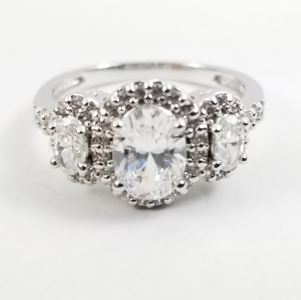 Platinum & Sterling Diamonique 3 Stone Oval Ring